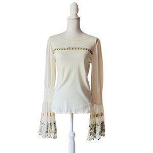 FREE PEOPLE WOMENS CREME AND SHEER BOHO LONG BELL SLEEVES TOP SIZE LARGE